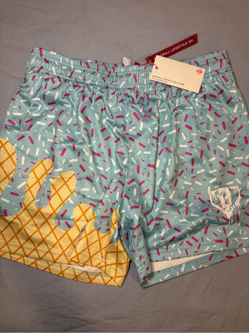 Men's Athletic Swim Shorts - Light Blue with Yellow Wave Print